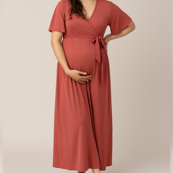 Kindred Bravely Faux Wrap Maternity Short Flatter Sleeve Maxi Dress Terracotta L - Picture 1 of 10